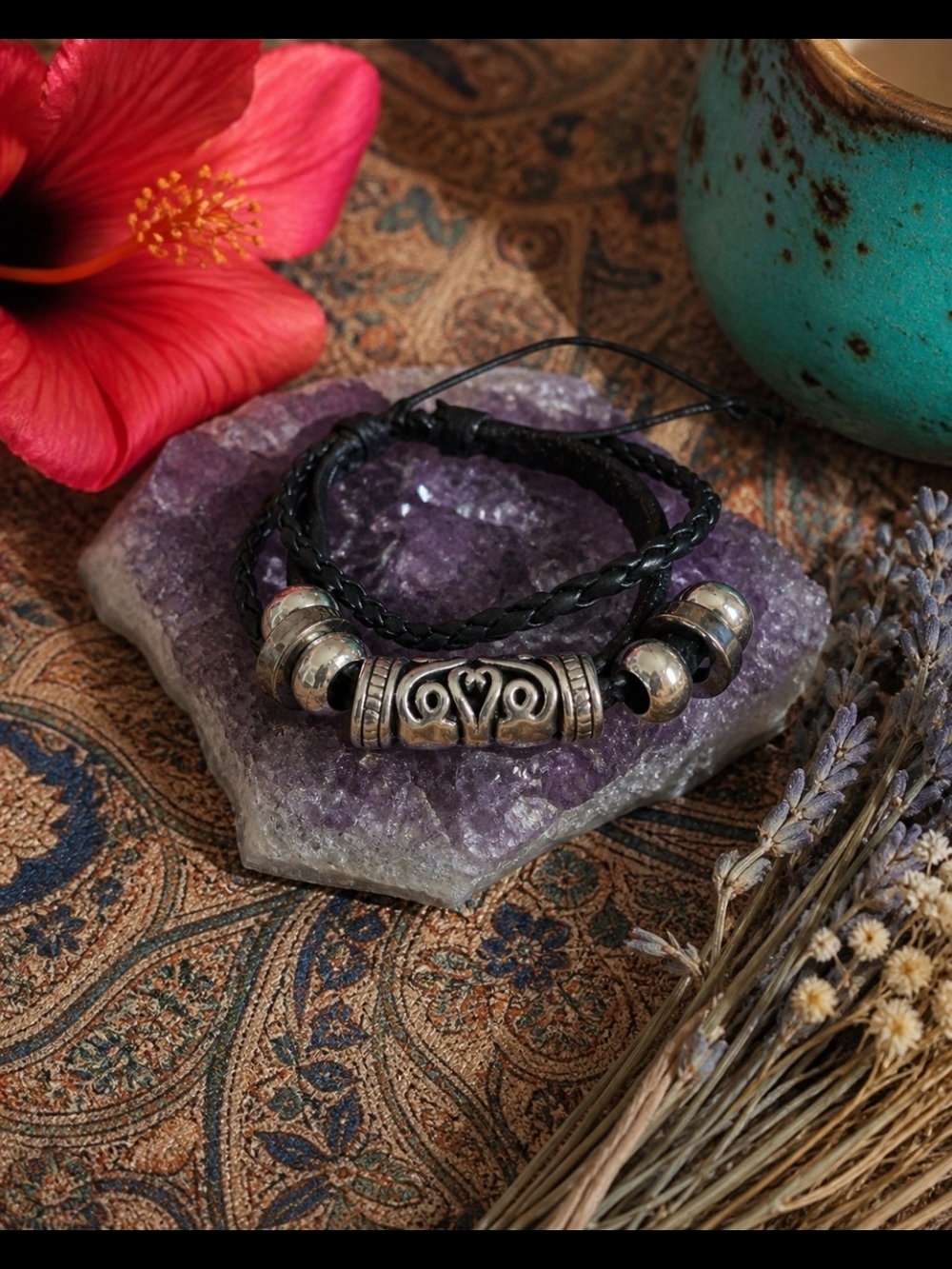 4/$15 Black Braided Leather Bracelet Silver Accents Unisex Men's Women's Jewelry
